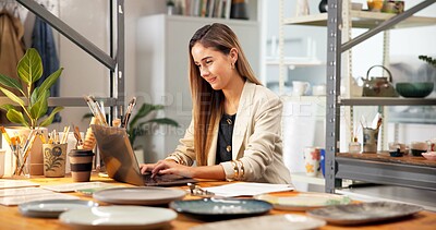 Buy stock photo Happy, woman and pottery in small business with laptop, good news or online order for art commission. Entrepreneur, person and typing in ceramics shop with computer, website or seller of clay product