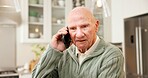 Phone call, healthcare and senior man in home for contact, booking appointment and feedback. Elderly person, tech or communication in retirement for medical advice, discussion or telehealth service