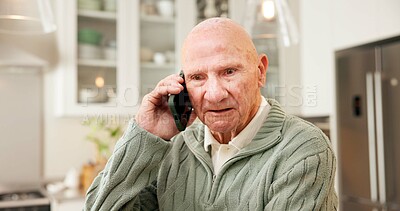 Buy stock photo Phone call, healthcare and senior man in home for contact, booking appointment and feedback. Elderly person, tech or communication in retirement for medical advice, discussion or telehealth service