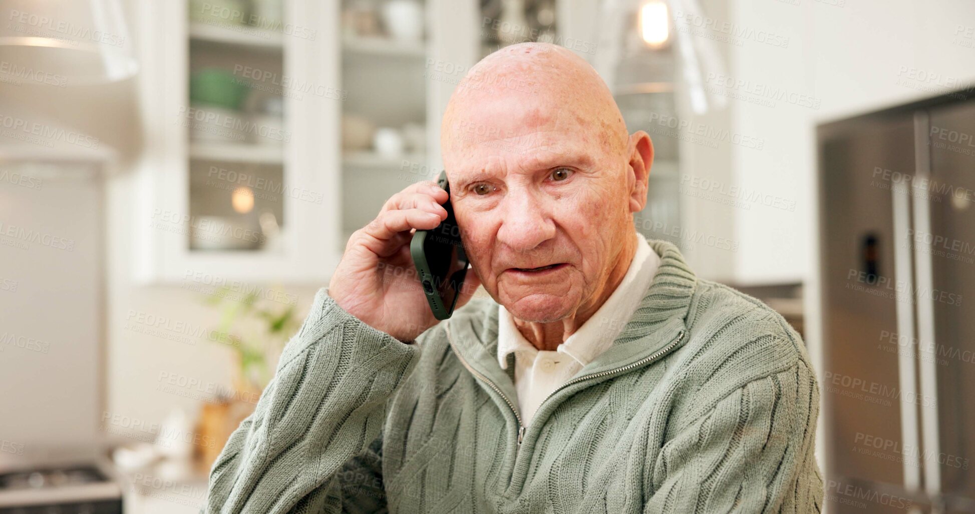 Buy stock photo Phone call, healthcare and senior man in home for contact, booking appointment and feedback. Elderly person, tech or communication in retirement for medical advice, discussion or telehealth service