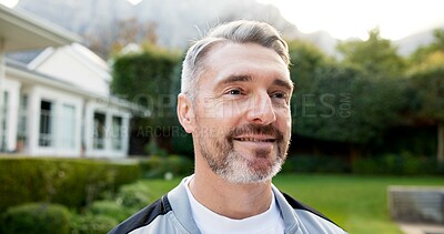 Buy stock photo Fitness, thinking and man outdoor with daydream, goal mindset and insight on wellness hobby. Reflection, active and mature person with mindfulness, keeping fit and workout perspective in backyard.