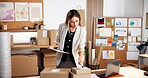 Woman, logistics and checking boxes with clipboard in office for inventory or quality assurance. Female person, storage or checklist with parcel or packages for online business, distribution or order
