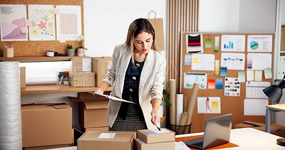 Buy stock photo Woman, logistics and checking boxes with clipboard in office for inventory or quality assurance. Female person, storage or checklist with parcel or packages for online business, distribution or order