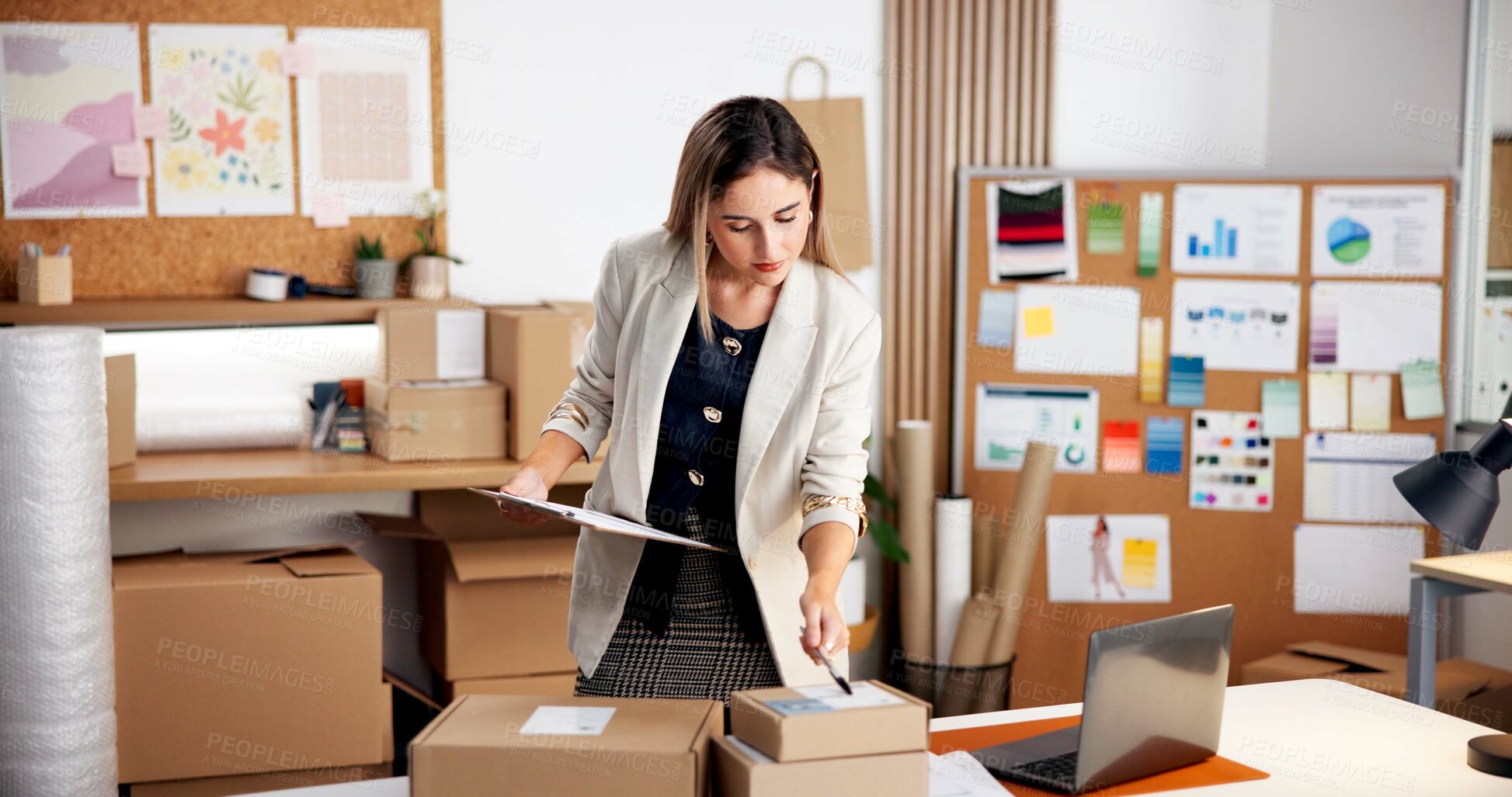 Buy stock photo Woman, logistics and checking boxes with clipboard in office for inventory or quality assurance. Female person, storage or checklist with parcel or packages for online business, distribution or order
