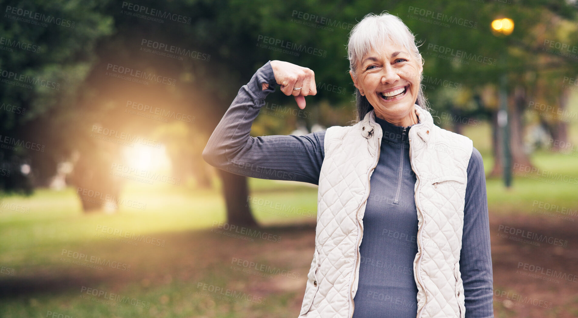 Buy stock photo Fitness, flex and senior woman in park with confidence for health, wellness and fresh air in morning. Happy, portrait and mature person with muscle for exercise, strong body and strength outdoor