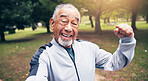 Portrait, old man and selfie outdoor for fitness, photography and social media for exercise post. Smile, senior person and strong muscles in nature with pov, profile picture update and training photo