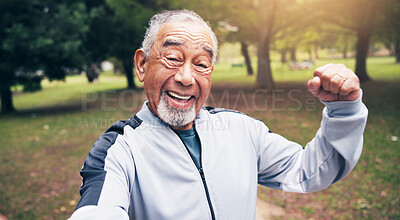 Buy stock photo Portrait, old man and selfie outdoor for fitness, photography and social media for exercise post. Smile, senior person and strong muscles in nature with pov, profile picture update and training photo