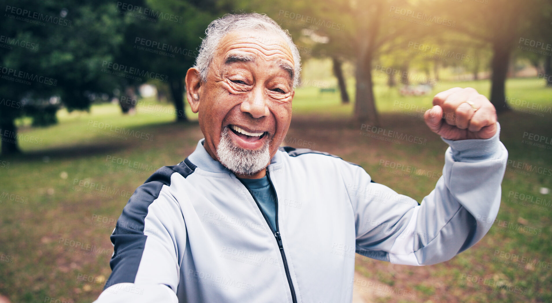 Buy stock photo Portrait, old man and selfie outdoor for fitness, photography and social media for exercise post. Smile, senior person and strong muscles in nature with pov, profile picture update and training photo