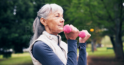 Buy stock photo Outdoor, exercise and senior woman with dumbbells, endurance or fitness routine for health in nature. Park, wellness and retired person with equipment for workout, training and physical activity