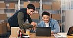 Excited, handshake and men with laptop, logistics and laughing with achievement and ecommerce sales. Entrepreneur, shaking hands and happy people with tech, celebration and success in small business