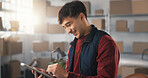 Happy, man and tablet in small business for shipping, route update or package dispatch in logistics. Startup, person or smile with digital for positive reviews, delivery confirmation and online order
