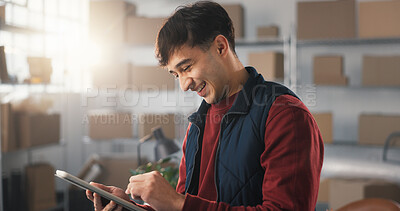 Buy stock photo Happy, man and tablet in small business for shipping, route update or package dispatch in logistics. Startup, person or smile with digital for positive reviews, delivery confirmation and online order