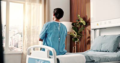 Buy stock photo Back, thinking and woman in hospital bed for surgery recovery, cancer diagnosis and treatment. Healthcare, clinic and person with reflection, thought and waiting for results, update and health news
