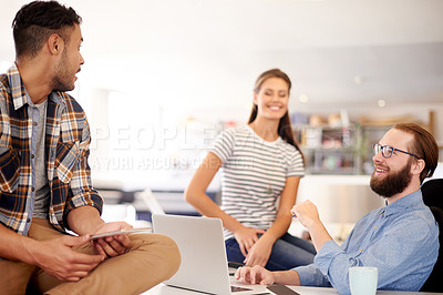 Buy stock photo Happy, team and people with laptop, office and positive feedback for book design, creative and online. Business, graphic designer and group with tech in publishing agency, smile or approval for cover