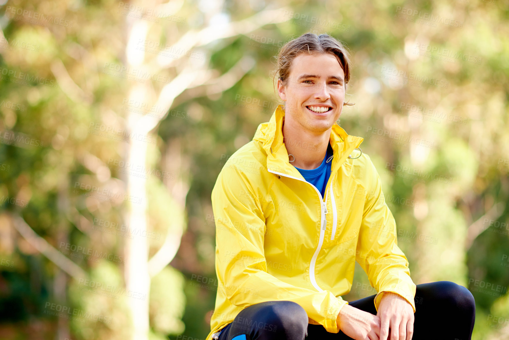 Buy stock photo Outdoor, portrait and man with smile, fitness and athlete on break in nature, wellness and happiness. Park, healthy and person with sportswear for workout, resting and routine in morning or Canada