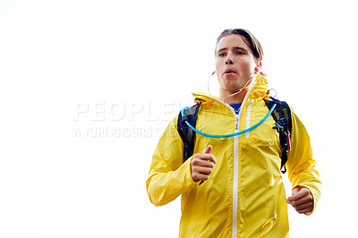 Buy stock photo Outdoor, space and man running with fitness for exercise, morning routine or workout with jacket. Mockup, breathe or athlete in cardio training with sportswear on mountain trail in woods for wellness