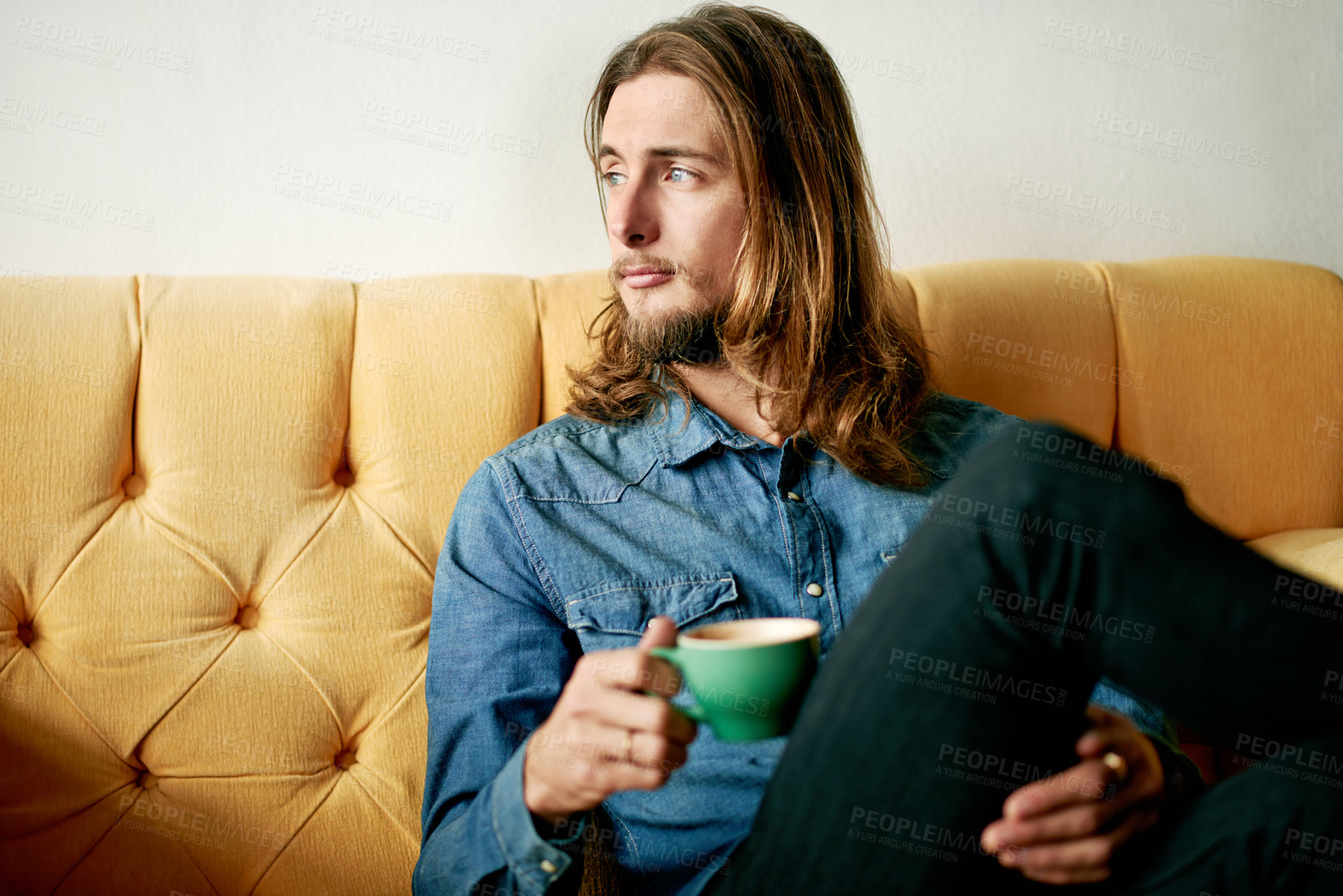 Buy stock photo Coffee, thinking and man on sofa, cafe and relax with break, space and reflection with daydreaming. Person, customer and guy on couch, cappuccino and herbal tea with contemplation and decision