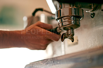 Buy stock photo Coffee shop, grinder and hands of barista with machine for espresso, latte and cappuccino. Hospitality, restaurant and closeup of person with hot drink, beverage and fresh brew for cafe service