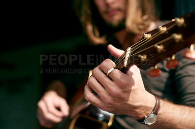 Buy stock photo Creative, hands and talent for playing guitar, musician and man with instrument, sound and practice. Music, artist or person with equipment for song, entertainment and skills for solo performance
