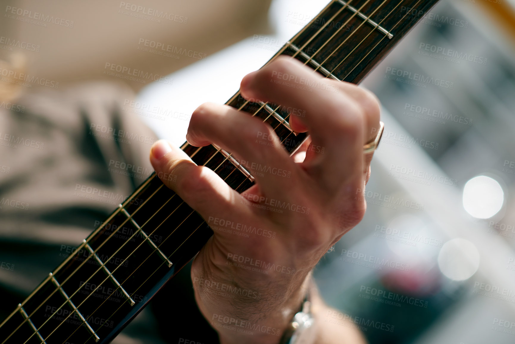 Buy stock photo Music, guitar and practice with hands of man in home for performance, band songs and production. Musician, acoustic instrument and creative artist with person in apartment for sound and entertainment