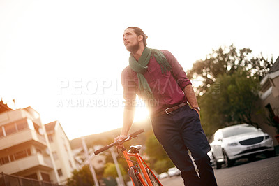 Buy stock photo Walk, thinking or man with bike in sunset for eco friendly transport or job appointment in city. Evening, leaving or designer on road in urban town with travel, creative fashion or bicycle for career
