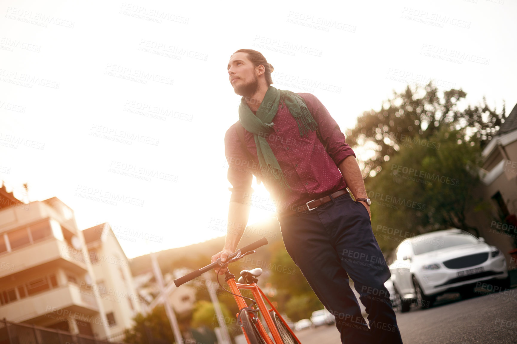 Buy stock photo Walk, thinking or man with bike in sunset for eco friendly transport or job appointment in city. Evening, leaving or designer on road in urban town with travel, creative fashion or bicycle for career