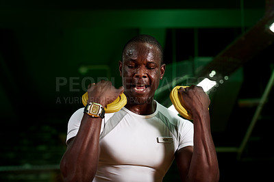 Buy stock photo Exercise, man and weight plate in gym for intense workout, muscle growth and personal trainer. Employee, black person and sweating with equipment for resistance challenge and power training at night