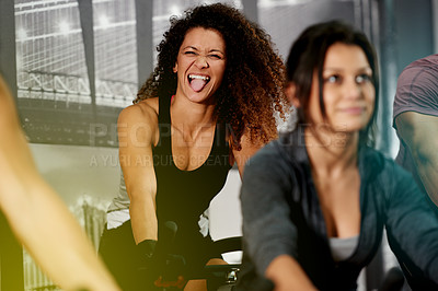 Buy stock photo Portrait, spin class or excited woman on cycling bike in training for wellness, cardio health or fitness. Funny face, smile or active people on machine for workout, body or challenge in gym community