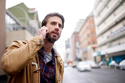 Buy stock photo Phone call, street and travel with man in city for commute, holiday or tourism at destination. Cab, ride share or taxi with person speaking on mobile outdoor in urban town for service as pedestrian