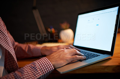 Buy stock photo Hands, laptop screen and business man at night for overtime, report writing or proposal deadline. Email, feedback or review with professional person in office, working late and article research