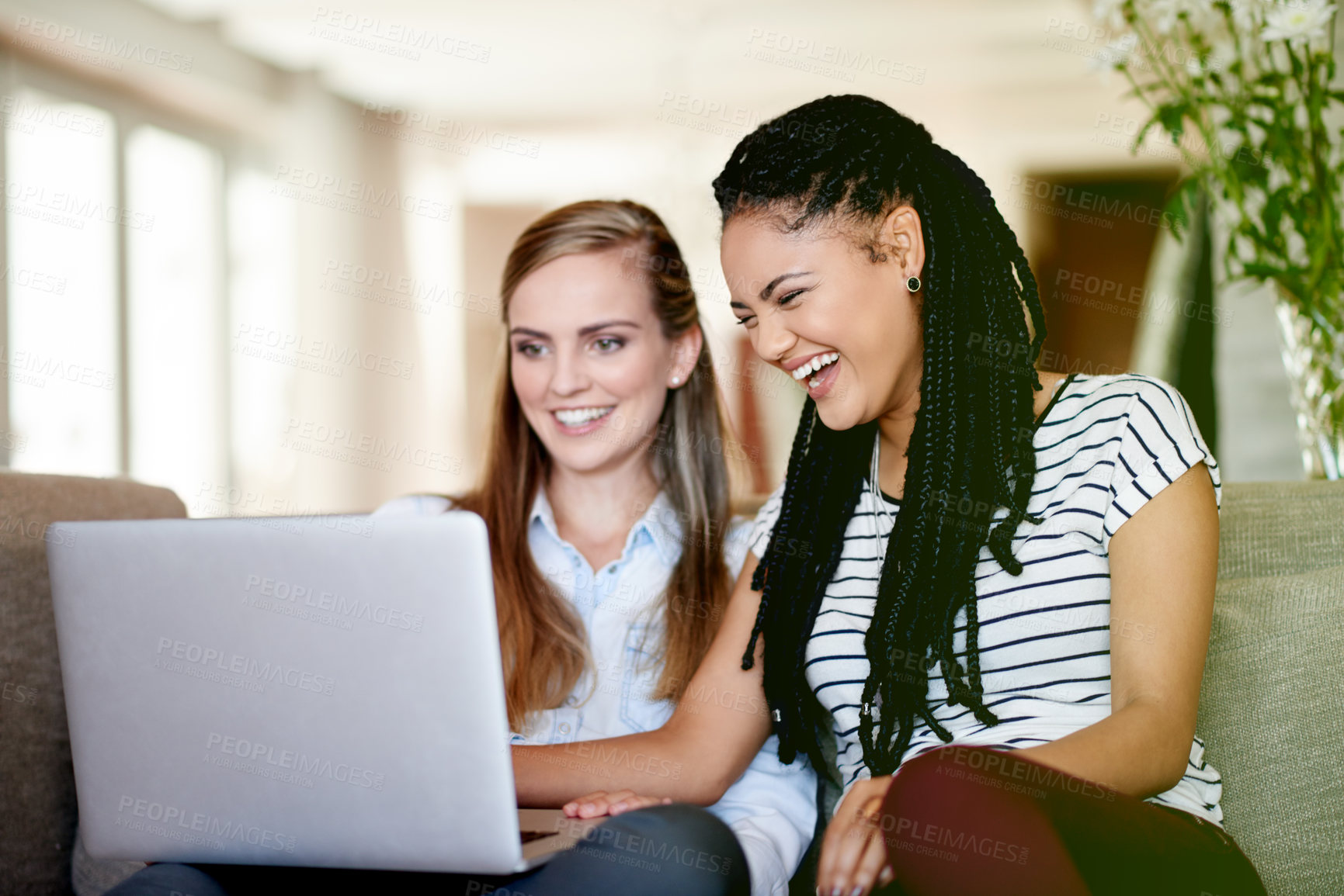 Buy stock photo Laughing, movie or women on laptop in home for online videos, comedy or social media post. Friends, film subscription or happy people on technology for streaming choice or funny joke to relax on sofa