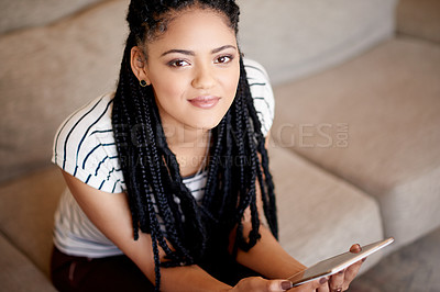 Buy stock photo Portrait, home and woman with tablet, above and relax with social media, ebook and website info. Texting, tech and person on sofa, entertainment and digital app with online chatting and communication