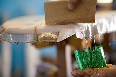 Buy stock photo Resin, tools and hands with surfboard, fiberglass and creativity for skills, talent and hobby. Gloves, artist and entrepreneur with workshop for design, manufacturing or custom work for artisan craft