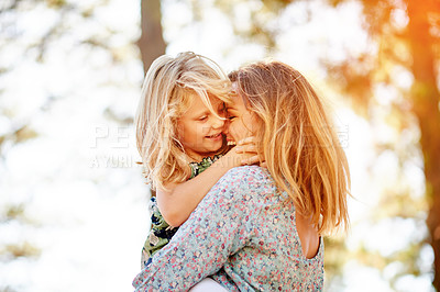 Buy stock photo Outdoor, park and mom with child for smile, relationship and connection together in summer. Happy family, mother and girl with love for bonding, support and trust on weekend holiday in nature