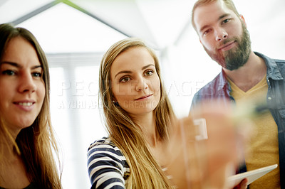 Buy stock photo Team, tablet and business people by glass with sticky notes for brainstorming, online project and planning. Creative office, startup and workers on digital tech for research, agenda and collaboration