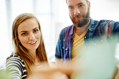 Buy stock photo Happy, creative people or writing with schedule planning in office for agenda, tasks or project. Businessman, woman or colleagues with glass board for company strategy or brainstorming together