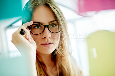 Buy stock photo Businesswoman, glass or writing on sticky note for planning, organizing or brainstorming for campaign. Creative, project management or person in office with glasses, idea and startup timeline.
