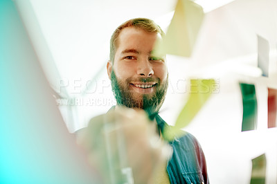 Buy stock photo Portrait, creative and man with sticky notes, office and planning for marketing strategy or campaign. Business, brand manager and person with info for advertising, schedule and research for project