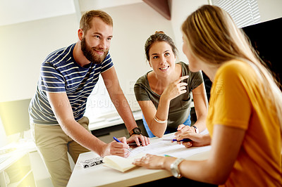 Buy stock photo Woman, talk and meeting with planning for interior design, floor plan and brainstorming at office. Person, team and group with blueprint, discussion and project management for property development