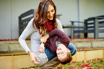 Buy stock photo Mother, son and playing in garden with tickle for bonding, activity and laughing for funny game. Family, woman and boy on lawn in nature with weekend break, relax and happy outdoor for vacation