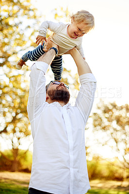 Buy stock photo Dad, girl and airplane at park, lift and happy family with low angle, nature and bonding in summer. People, father and child with flight, playful and excited for fun outdoor with love New Zealand
