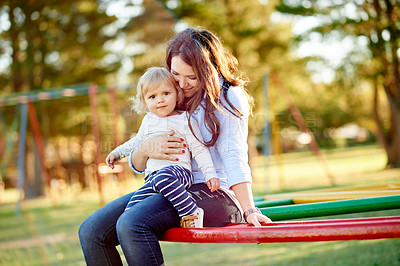 Buy stock photo Portrait, love and mom with child, playground or bonding with daughter on weekend, happy or outdoor. Park, woman and smile with toddler in nature, growth and development of girl, family and childcare