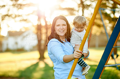 Buy stock photo Portrait, happy and mom with child, playground or bonding with daughter on weekend, love or outdoor. Park, woman and smile with toddler in nature, growth and development of girl, family and childcare