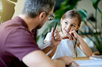 Buy stock photo Help, teaching and father with child for homework in house for learning, studying or project. Smile, education and dad with girl kid student for working on academic assignment together in apartment. 