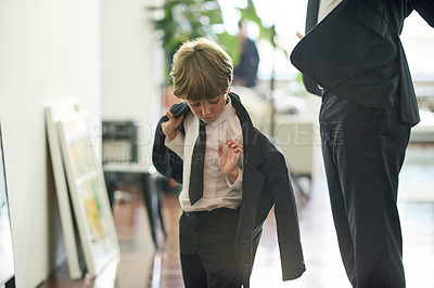 Buy stock photo Suit, clothes and dad with child in home for morning routine, getting dressed and ready for wedding. Family, fashion and father with boy for help with tuxedo, blazer and formal outfit for event