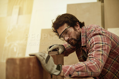Buy stock photo Carpentry, workshop and man with sanding for woodwork, furniture restoration and artisan. DIY project, factory and handyman with timber, lumber or manufacturing for design and craft or production