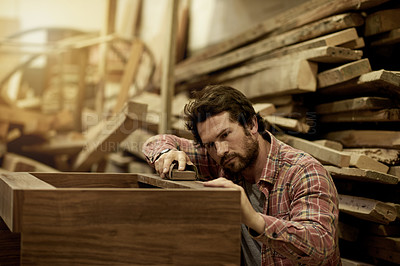 Buy stock photo Carpenter, factory and man with woodwork for sanding, furniture restoration and renovation. DIY project, workshop and handyman with plank, lumber or manufacturing for artisan craft or production