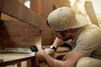 Buy stock photo Tool, man and artisan in workshop for woodwork for manufacturing furniture for business. Industry, carpenter and male handyman with equipment for timber with industrial project for diy in factory.