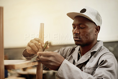 Buy stock photo Level, furniture and check with black man in workshop for measurement, artisan project and carpenter. Manufacturing, handyman and woodworking with person in studio for crafting and quality control