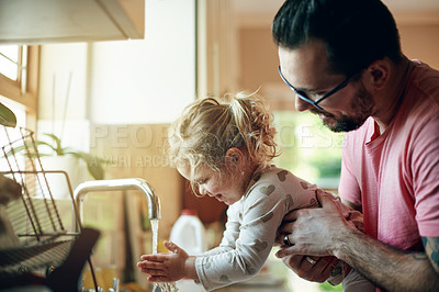 Buy stock photo Kitchen, tap or washing hands with father and daughter in home together for hygiene or safety. Basin, cleaning or water with girl child and single parent man in apartment to remove bacteria or germs